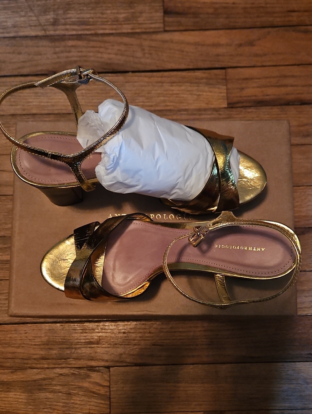 Anthropologie Metallic Gold Strappy Block Heel Sandals